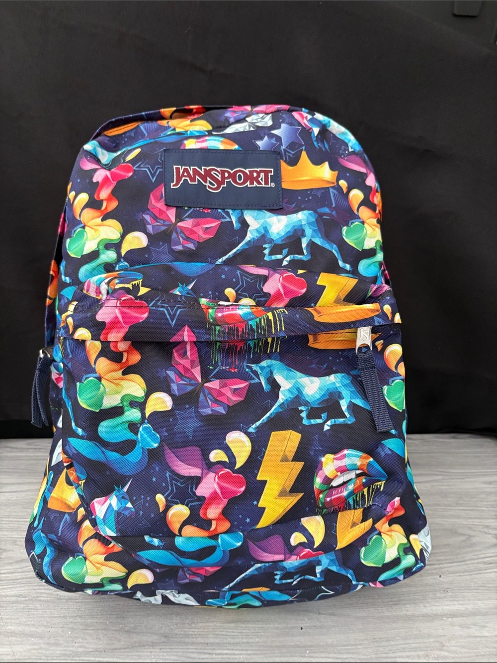 JanSport Navy Multicolor Unicorn & Lightning Print Backpack - Picture 1 of 9